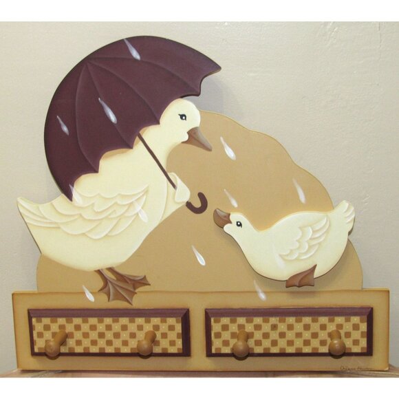 Decorative Wooden Duck Wall Hook Rack With Four Pegs & Umbrella Design - Picture 9 of 11